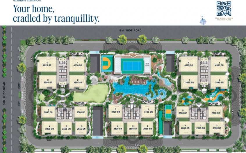 Apartments master plan of The Cascades Neopolis showing towers A to E with a saleable area against every unit position, the clubhouse, the lagoon pool and the podium landscape
