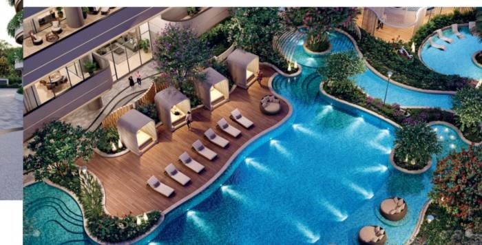 The lagoon-style podium pool at The Cascades Neopolis, Neopolis, Kokapet