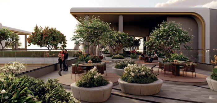 Sky garden terrace at The Cascades Neopolis, Neopolis Kokapet